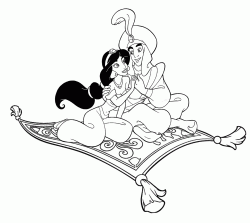 Jasmine tiene la mano di Aladdin sul tappeto volante