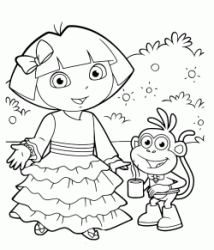Dora indossa un bellissimo abito lungo mentre Boots tiene una tazza