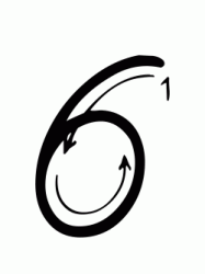 Numero 6 (sei) con indicazioni movimento corsivo