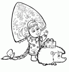 Masha con un cappello russo guarda il regalo sulla schiena del riccio