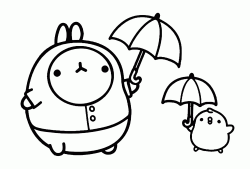 Molang e Piu Piu si riparano dalla pioggia con l'ombrello