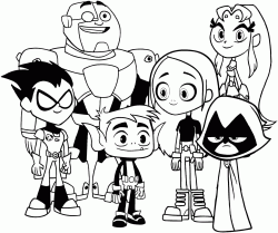 Robin, Stella Rubia, Beast Boy, Corvina e Cyborg con un'amica